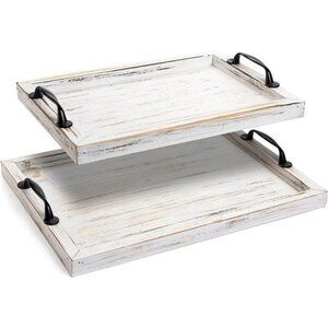 Rustic Wood Serving Tray Set with Handles Coffee Table Ottoman Decor Trays